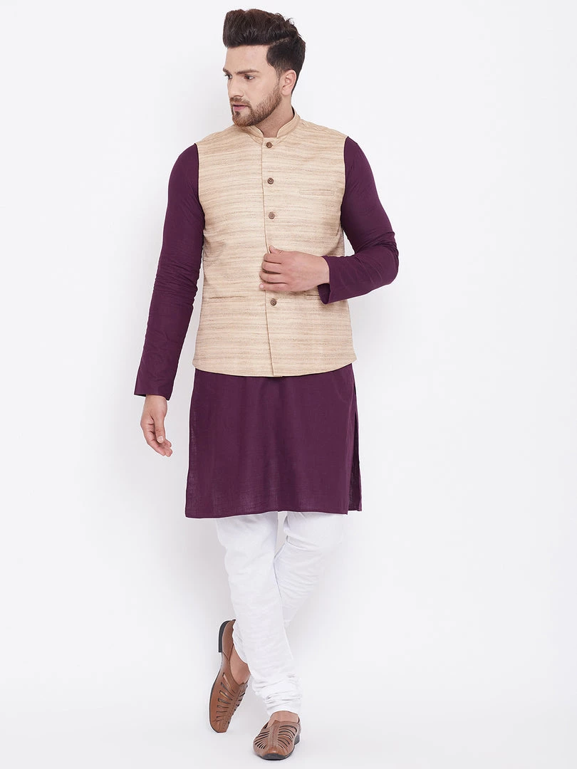 Vastramay Men's Beige, Purple And White Cotton Blend Jacket, Kurta And Pyjama Set Kurta Sets 3 Vastramay Men's Beige, Purple And White Cotton Blend Jacket, Kurta And Pyjama Set Kurta Sets