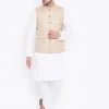 Vastramay Men's Beige And White Cotton Blend Jacket, Kurta And Pyjama Set Kurta Sets