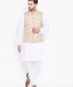 Vastramay Men's Beige And White Cotton Blend Jacket, Kurta And Pyjama Set Kurta Sets