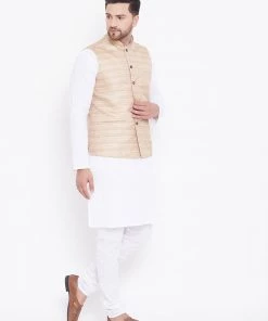 Vastramay Men's Beige And White Cotton Blend Jacket, Kurta And Pyjama Set Kurta Sets