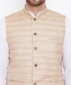 Vastramay Beige Cotton Silk Nehru Jacket & White Kurta Pyjama Baap Beta Set