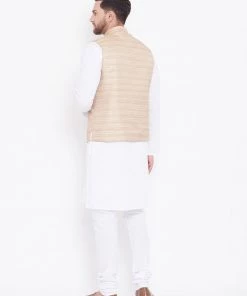 Vastramay Beige Cotton Silk Nehru Jacket & White Kurta Pyjama Baap Beta Set
