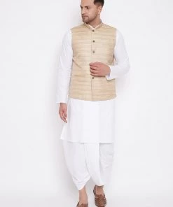 Kurta Sets Vastramay Men's Beige And White Cotton Blend Jacket, Kurta And Dhoti Set