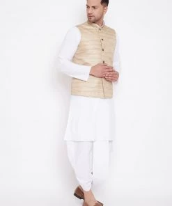 Kurta Sets Vastramay Men's Beige And White Cotton Blend Jacket, Kurta And Dhoti Set
