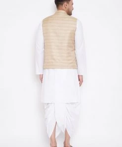 Kurta Sets Vastramay Men's Beige And White Cotton Blend Jacket, Kurta And Dhoti Set