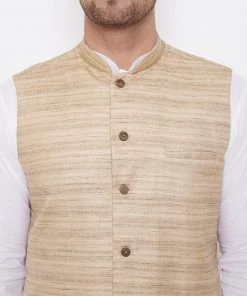 Kurta Sets Vastramay Men's Beige And White Cotton Blend Jacket, Kurta And Dhoti Set