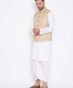 Kurta Sets Vastramay Men's Beige And White Cotton Blend Jacket, Kurta And Dhoti Set