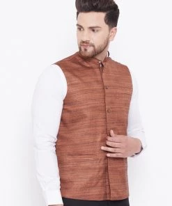 Vastramay Men's Coffee Brown Silk Blend Nehru Jacket