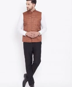 Vastramay Men's Coffee Brown Silk Blend Nehru Jacket
