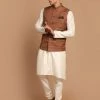 VASTRAMAY Men's Coffee Brown Nehru Jacket With Cream Solid Kurta And Pyjama Set 2 VASTRAMAY Men's Coffee Brown Nehru Jacket With Cream Solid Kurta And Pyjama Set