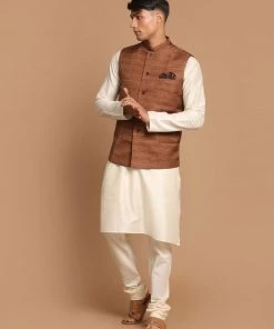 VASTRAMAY Men's Coffee Brown Nehru Jacket With Cream Solid Kurta And Pyjama Set