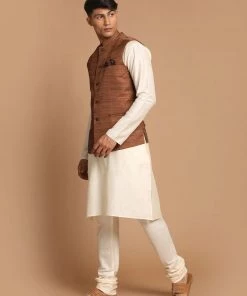 VASTRAMAY Men's Coffee Brown Nehru Jacket With Cream Solid Kurta And Pyjama Set