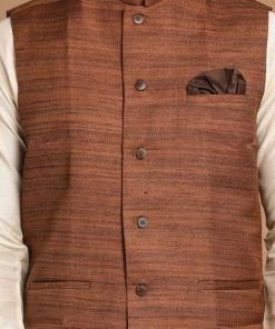 VASTRAMAY Men's Coffee Brown Nehru Jacket With Cream Solid Kurta And Pyjama Set
