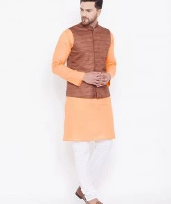 Kurta Sets Vastramay Men's Coffee Brown, Fawn And White Cotton Blend Jacket, Kurta And Pyjama Set