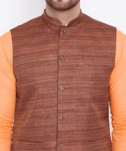Kurta Sets Vastramay Men's Coffee Brown, Fawn And White Cotton Blend Jacket, Kurta And Pyjama Set