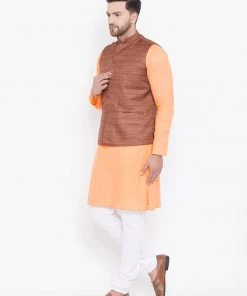 Kurta Sets Vastramay Men's Coffee Brown, Fawn And White Cotton Blend Jacket, Kurta And Pyjama Set