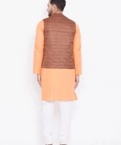 Kurta Sets Vastramay Men's Coffee Brown, Fawn And White Cotton Blend Jacket, Kurta And Pyjama Set