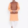 Kurta Sets Vastramay Men's Coffee Brown, Fawn And White Cotton Blend Jacket, Kurta And Pyjama Set