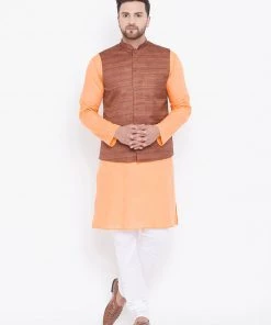 Kurta Sets Vastramay Men's Coffee Brown, Fawn And White Cotton Blend Jacket, Kurta And Pyjama Set