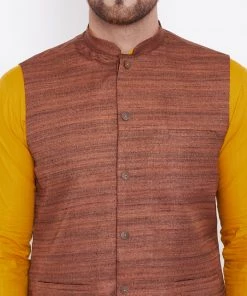 Vastramay Brown, Mustard And White Baap Beta Nehru Jacket Kurta Pyjama Set