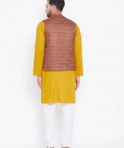 Vastramay Brown, Mustard And White Baap Beta Nehru Jacket Kurta Pyjama Set
