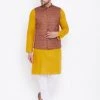 Kurta Sets Vastramay Men's Coffee Brown, Mustard And White Cotton Blend Jacket, Kurta And Pyjama Set