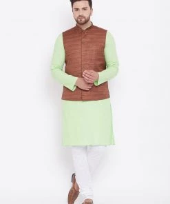 Vastramay Men's Coffee, Mint Green And White Cotton Blend Jacket, Kurta And Pyjama Set Kurta Sets