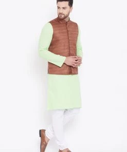 Vastramay Men's Coffee, Mint Green And White Cotton Blend Jacket, Kurta And Pyjama Set Kurta Sets