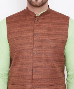 Vastramay Men's Coffee, Mint Green And White Cotton Blend Jacket, Kurta And Pyjama Set Kurta Sets