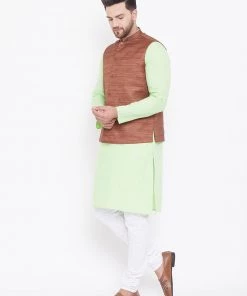 Vastramay Men's Coffee, Mint Green And White Cotton Blend Jacket, Kurta And Pyjama Set Kurta Sets