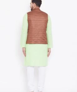 Vastramay Men's Coffee, Mint Green And White Cotton Blend Jacket, Kurta And Pyjama Set Kurta Sets