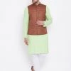 Vastramay Men's Coffee, Mint Green And White Cotton Blend Jacket, Kurta And Pyjama Set Kurta Sets 1 Vastramay Men's Coffee, Mint Green And White Cotton Blend Jacket, Kurta And Pyjama Set Kurta Sets