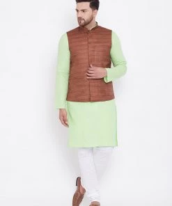Vastramay Men's Coffee, Mint Green And White Cotton Blend Jacket, Kurta And Pyjama Set Kurta Sets