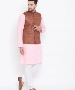 Vastramay Brown, Pink And White Baap Beta Nehru Jacket Kurta Pyjama Set