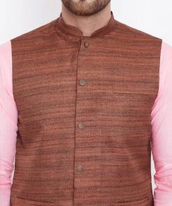Vastramay Men's Coffee Brown, Pink And White Cotton Blend Jacket, Kurta And Pyjama Set