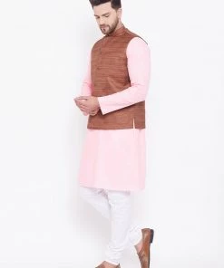 Vastramay Men's Coffee Brown, Pink And White Cotton Blend Jacket, Kurta And Pyjama Set