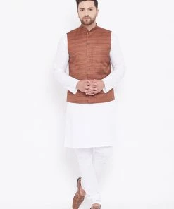 Vastramay Men's Coffee Brown And White Cotton Blend Jacket, Kurta And Pyjama Set
