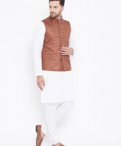 Vastramay Brown Nehru Jacket And White Kurta Pyjama Baap Beta Set