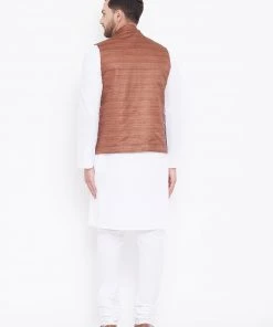 Vastramay Brown Nehru Jacket And White Kurta Pyjama Baap Beta Set