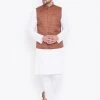 Vastramay Men's Coffee Brown And White Cotton Blend Jacket, Kurta And Pyjama Set
