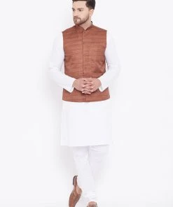 Vastramay Men's Coffee Brown And White Cotton Blend Jacket, Kurta And Pyjama Set