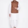 Vastramay Men's Coffee Brown And White Cotton Blend Jacket, Kurta And Dhoti Set