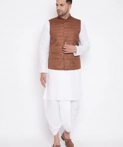 Vastramay Men's Coffee Brown And White Cotton Blend Jacket, Kurta And Dhoti Set