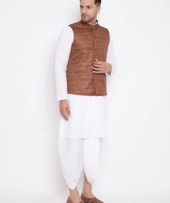 Vastramay Men's Coffee Brown And White Cotton Blend Jacket, Kurta And Dhoti Set