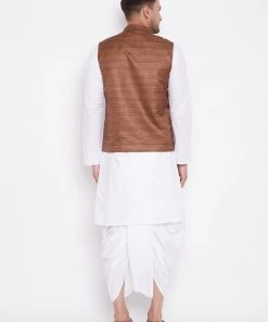 Vastramay Men's Coffee Brown And White Cotton Blend Jacket, Kurta And Dhoti Set