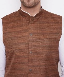 Vastramay Men's Coffee Brown And White Cotton Blend Jacket, Kurta And Dhoti Set