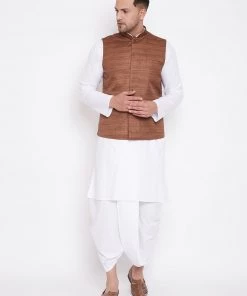 Vastramay Men's Coffee Brown And White Cotton Blend Jacket, Kurta And Dhoti Set
