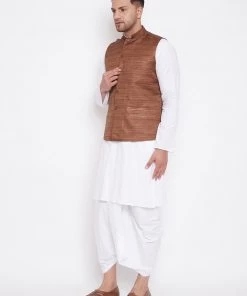Vastramay Men's Coffee Brown And White Cotton Blend Jacket, Kurta And Dhoti Set