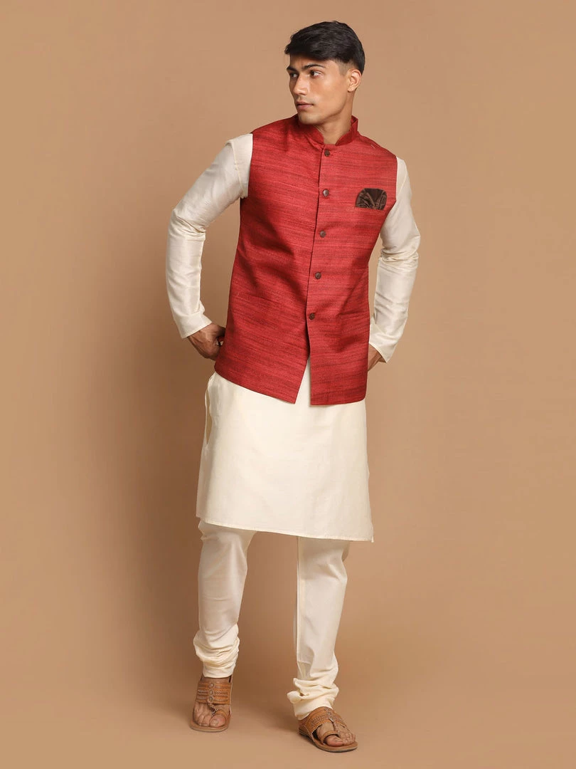 Kurta Sets VASTRAMAY Men's Maroon Textured Nehru Jacket With Cream Kurta And Pyjama Set 3 Kurta Sets VASTRAMAY Men's Maroon Textured Nehru Jacket With Cream Kurta And Pyjama Set