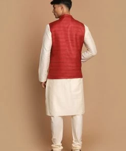 Kurta Sets VASTRAMAY Men's Maroon Textured Nehru Jacket With Cream Kurta And Pyjama Set 10 Kurta Sets VASTRAMAY Men's Maroon Textured Nehru Jacket With Cream Kurta And Pyjama Set